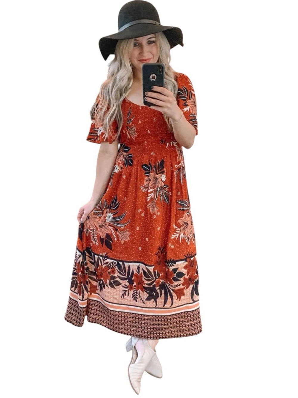 Böhme Women’s Rust Orange Floral Short Sleeves Boho Festival Midi Dress Small